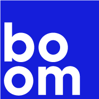 Boom Home Medical blue square logo with white letters that spell the word "Boom".